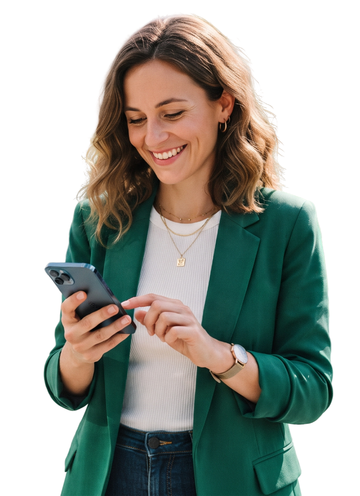 Collaboratrice consultant l’application Vaziva sur son téléphone